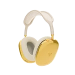 Gold AirPods Max 2 Starlight at a three-quarter angle, mirror 24K Gold ear cups with a maker's mark set against a warm ivory canopy, headband and cushions