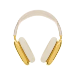 Gold AirPods Max 2 Starlight seen from the front, two 24K Gold ear cups hanging from an ivory headband, their cushions in the same soft cream
