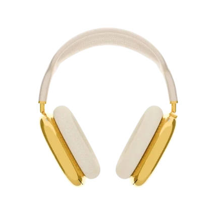 Gold AirPods Max 2 Starlight seen from the front, two 24K Gold ear cups hanging from an ivory headband, their cushions in the same soft cream