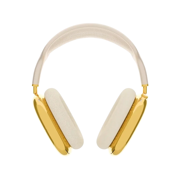 Gold AirPods Max 2 Starlight seen from the front, two 24K Gold ear cups hanging from an ivory headband, their cushions in the same soft cream