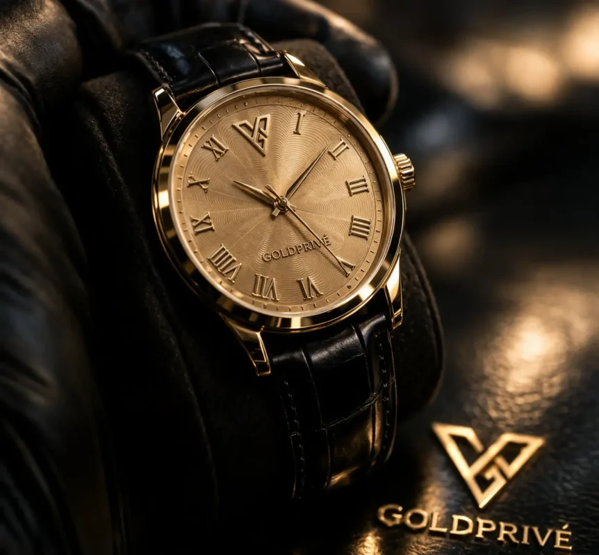 GoldPrivé personalised gold watch with Roman numeral dial and leather strap