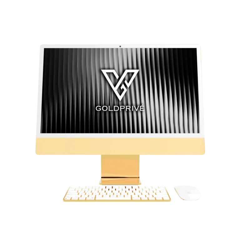 GoldPrivé 24K Gold iMac with gold stand, keyboard and mouse
