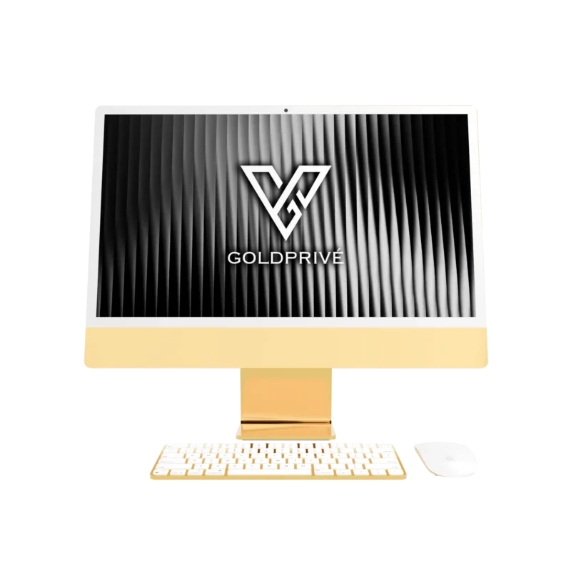 GoldPrivé 24K Gold iMac with gold stand, keyboard and mouse