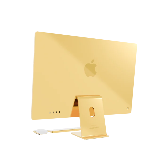 Gold Apple iMac from behind, the mirror-plated 24K Gold back with its tone-on-tone Apple logo above the plated stand