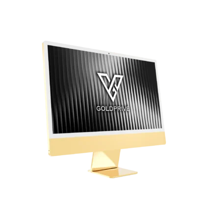 Gold Apple iMac at a three-quarter angle, the mirror-plated 24K Gold chin, slim edge and stand set against the white border of the display