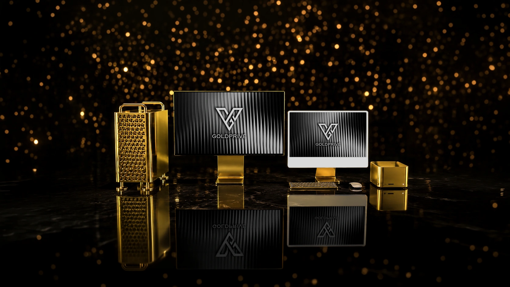 GoldPrivé 24K gold Mac collection with Mac Pro, Pro Display XDR, iMac and MacBook on a black stage