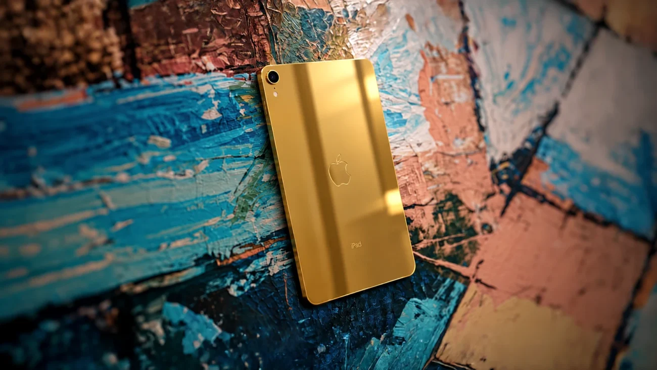 24K Gold iPad resting on a textured blue and copper surface