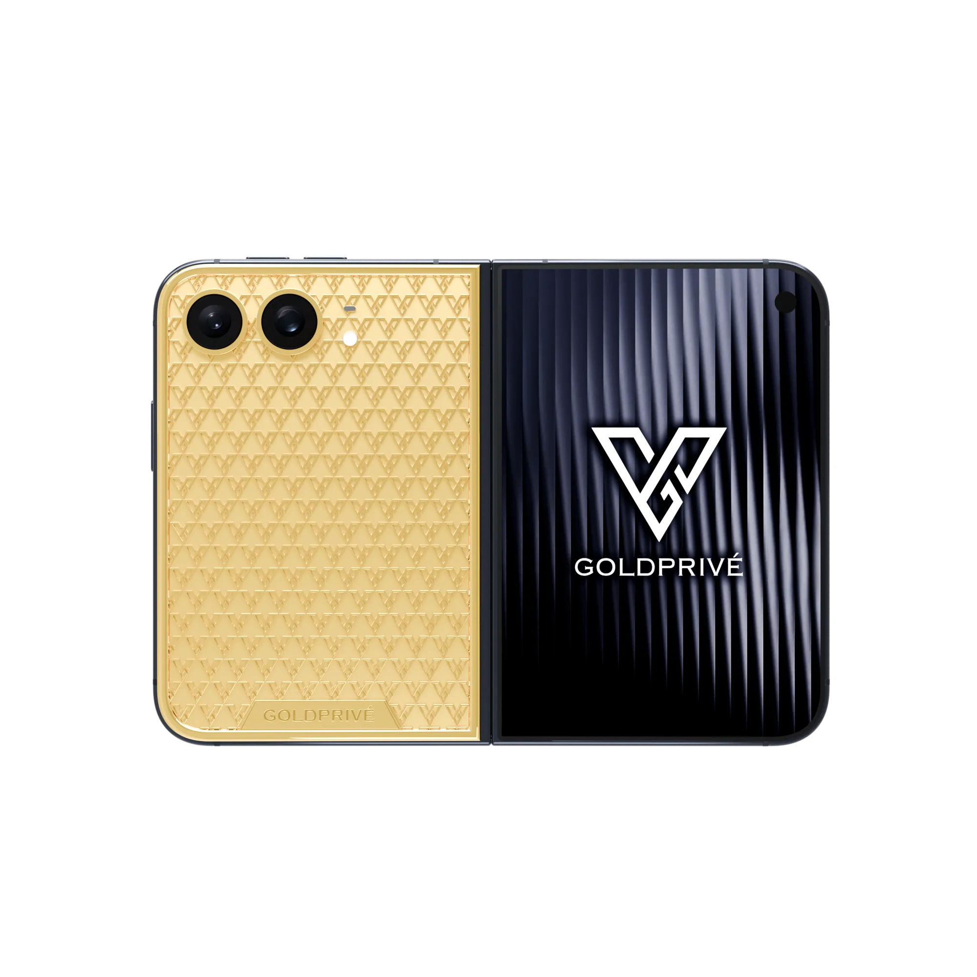GoldPrivé Artisan Gold iPhone Duo in 24K gold, unfolded with the GoldPrivé screen on a black background