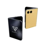 Artisan gold iPhone Duo with a black ridged cover and a gold quilted back plate