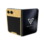 CarbonFiber Royale Gold iPhone Duo opened flat with baroque engraved gold above a woven carbon panel