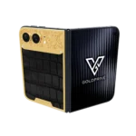 Exotic Royale Gold iPhone Duo opened flat with baroque-engraved gold above a black crocodile leather panel