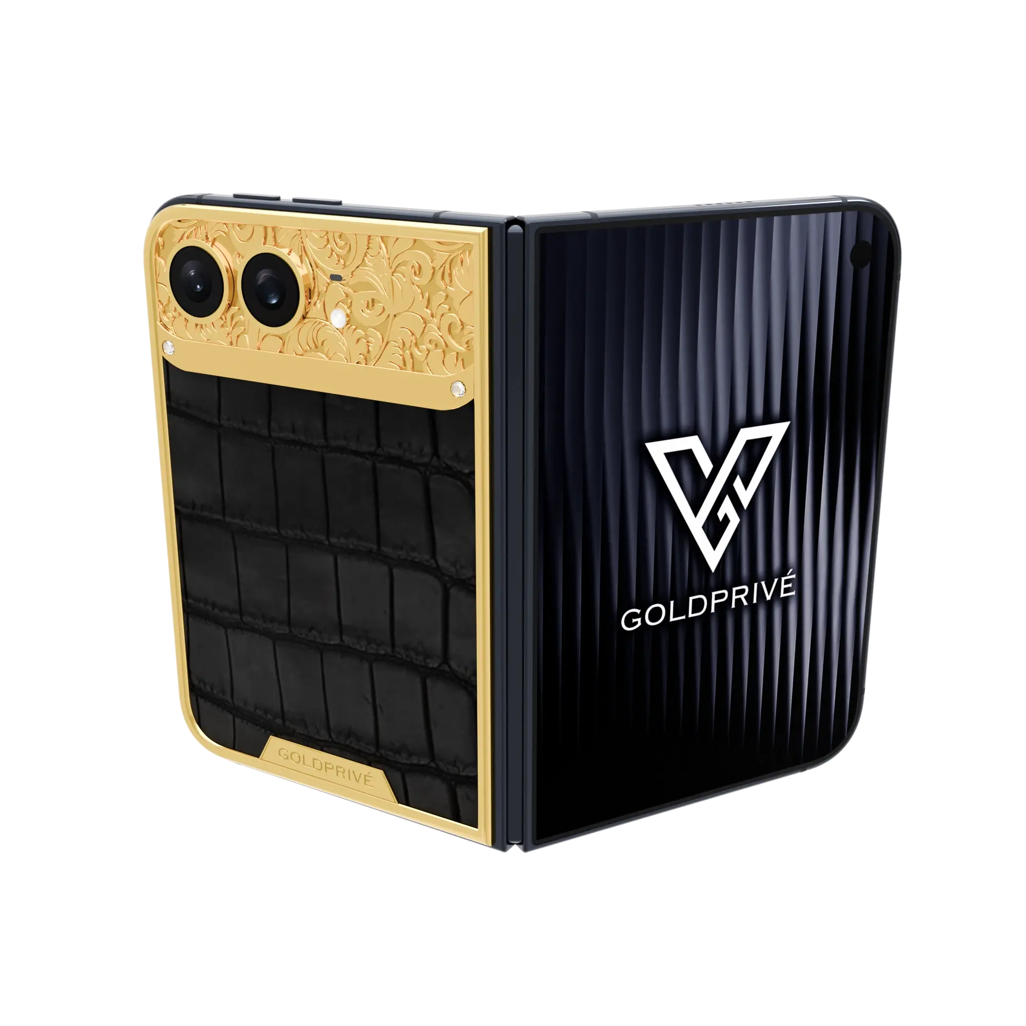 iPhone_Duo CBF Royale.01 (2) Exotic Royale Gold iPhone Duo opened flat with baroque-engraved gold above a black crocodile leather panel