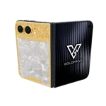 Royale Gold iPhone Duo opened flat with baroque engraved gold above a mother of pearl panel