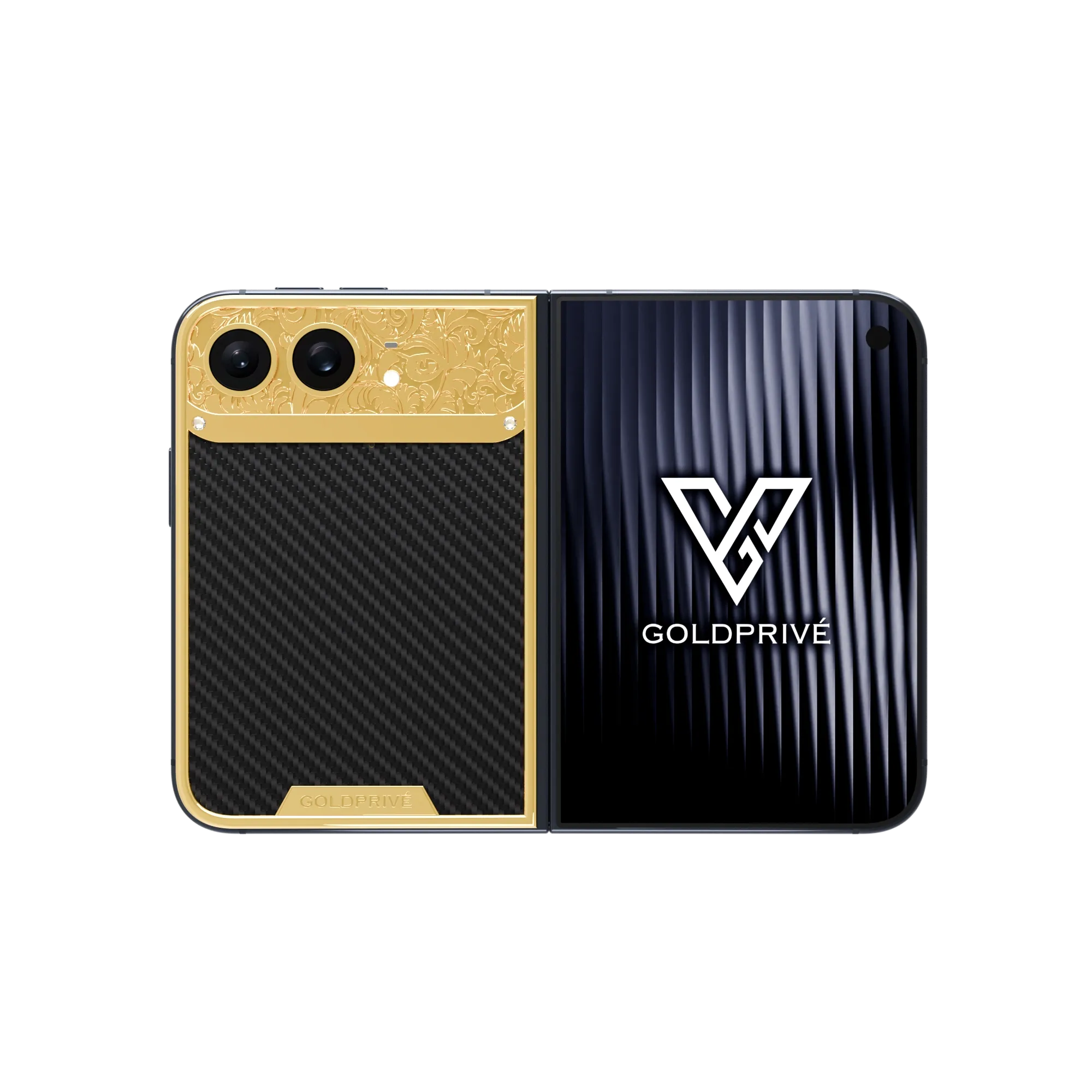 CarbonFiber Royale Gold iPhone Duo opened flat with baroque engraved gold above a woven carbon panel