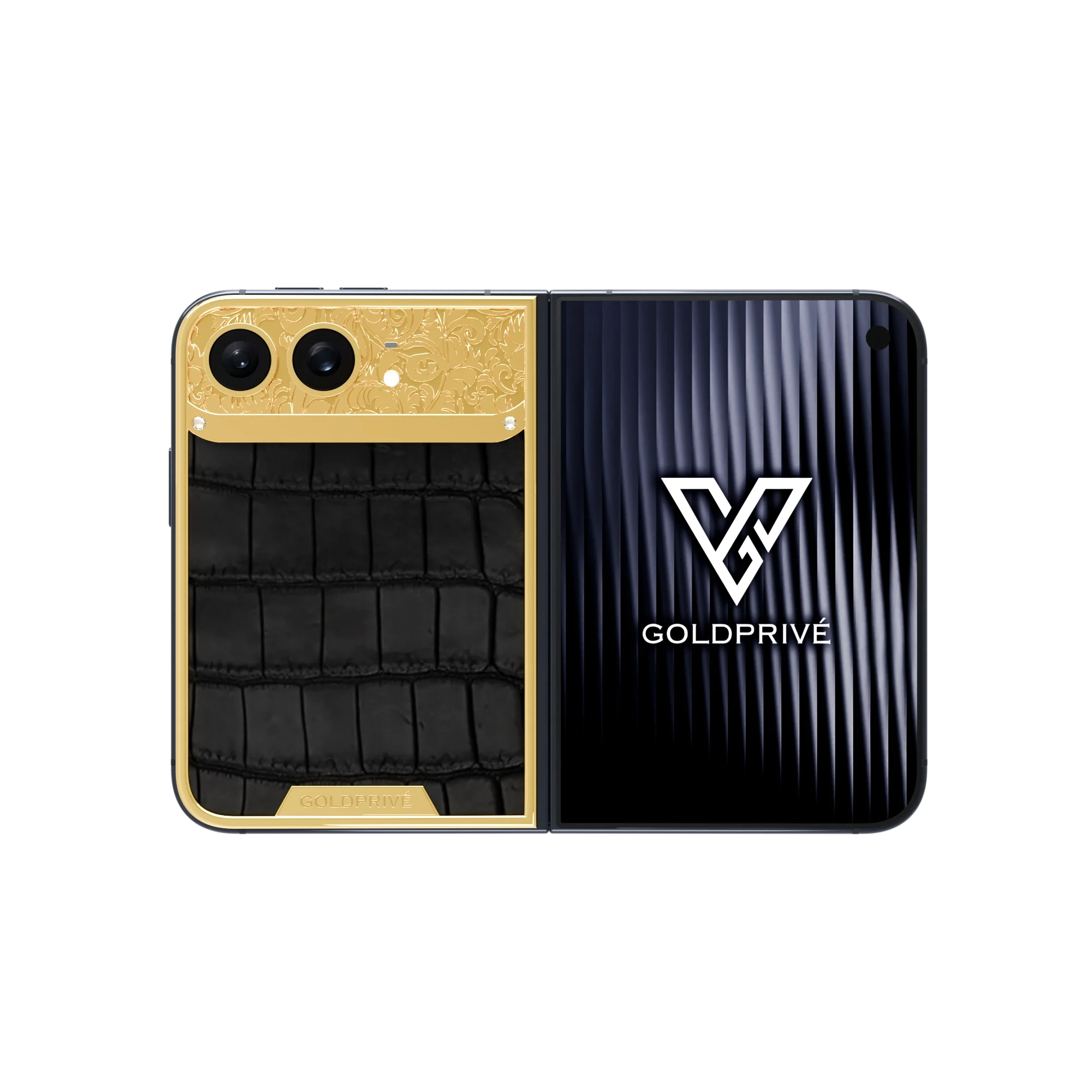 Exotic Royale Gold iPhone Duo opened flat with baroque-engraved gold above a black crocodile leather panel