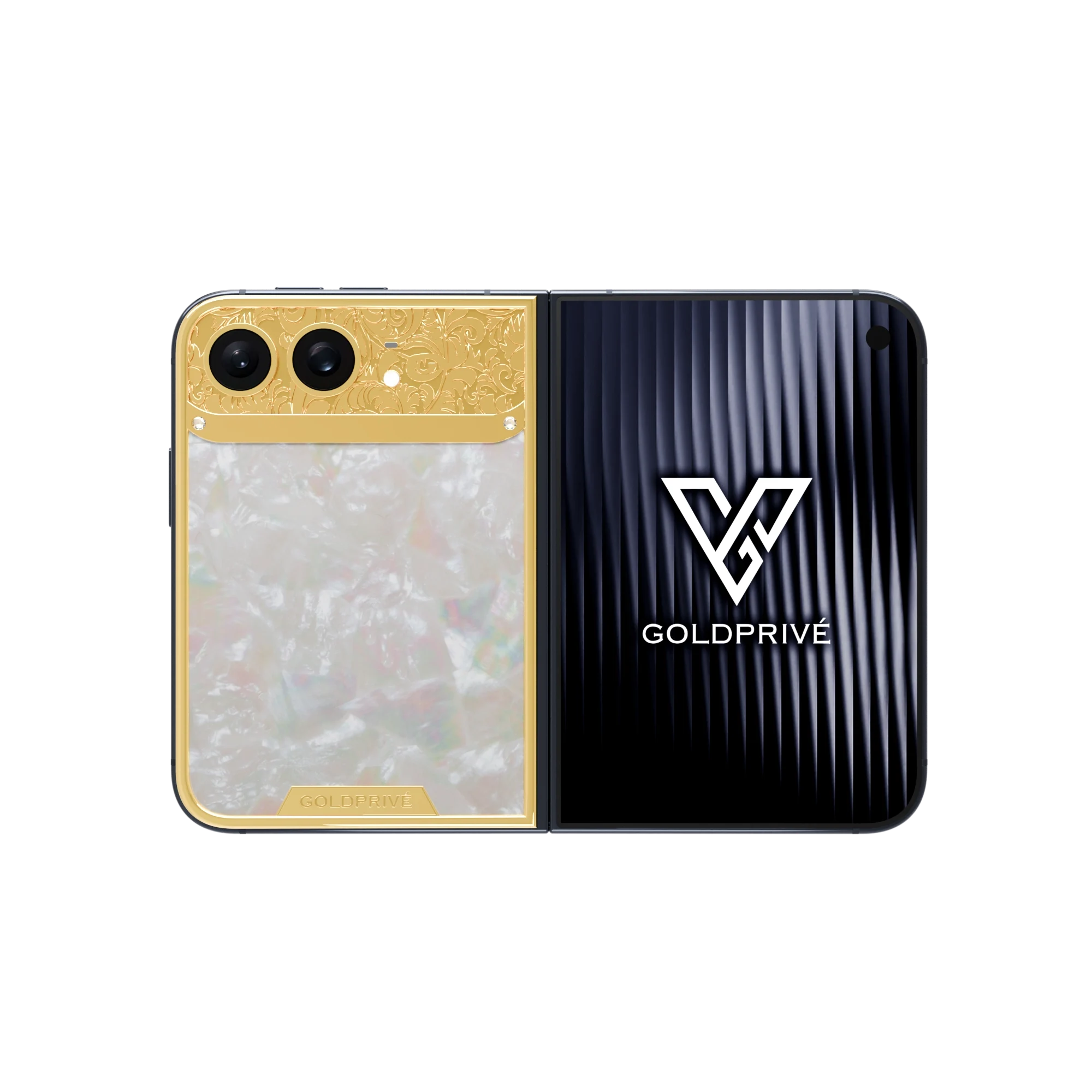 Royale Gold iPhone Duo opened flat with baroque engraved gold above a mother of pearl panel