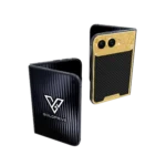 CarbonFiber Royale gold iPhone Duo with a gold frame and a carbon fibre back plate with engraved details