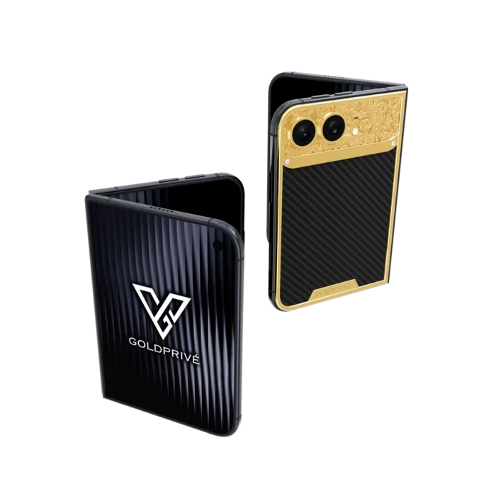 CarbonFiber Royale gold iPhone Duo with a gold frame and a carbon fibre back plate with engraved details