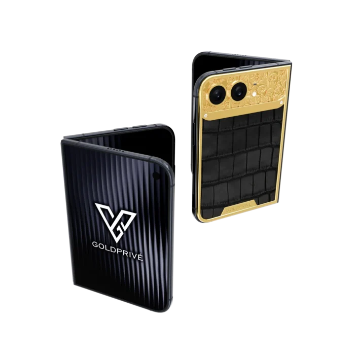 Exotic Royale gold iPhone Duo with a black crocodile-leather panel and engraved gold top