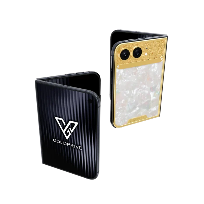 Royale gold iPhone Duo with a mother of pearl panel and engraved gold top