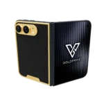 CarbonFiber Gold iPhone Duo opened flat with a woven carbon fibre panel inside a slim gold border