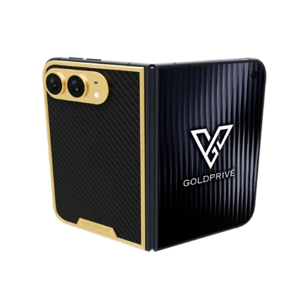 CarbonFiber Gold iPhone Duo opened flat with a woven carbon fibre panel inside a slim gold border