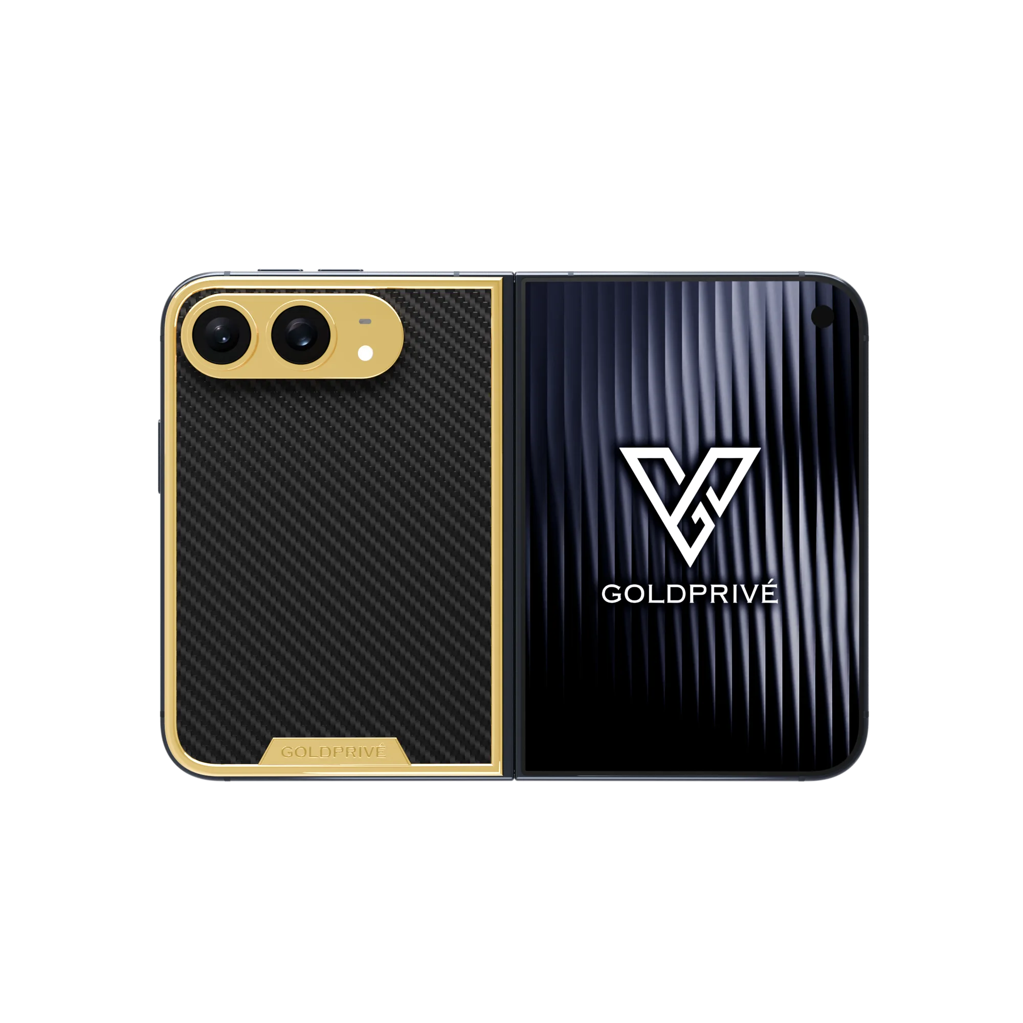 CarbonFiber Gold iPhone Duo opened flat with a woven carbon fibre panel inside a slim gold border
