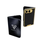 CarbonFiber gold iPhone Duo with a gold camera frame and black carbon fibre back plate