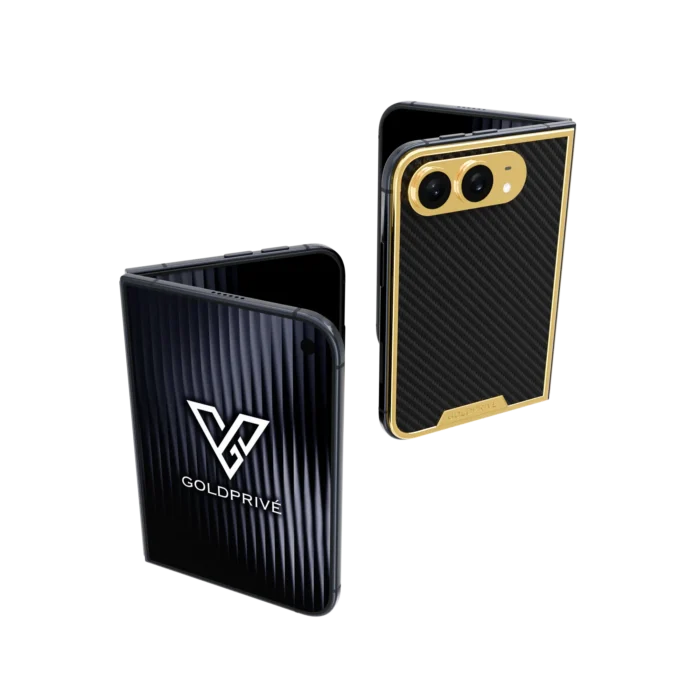 CarbonFiber gold iPhone Duo with a gold camera frame and black carbon fibre back plate