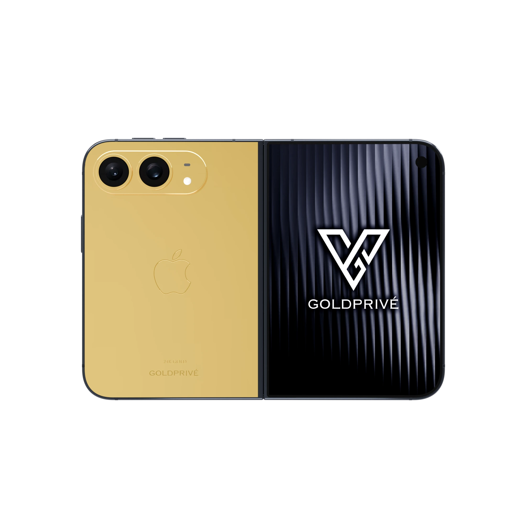 Elite Gold iPhone Duo opened flat with a polished 24K gold back plate and gold camera surround