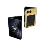 Exotic Noble gold iPhone Duo with a black crocodile-leather back panel framed in gold