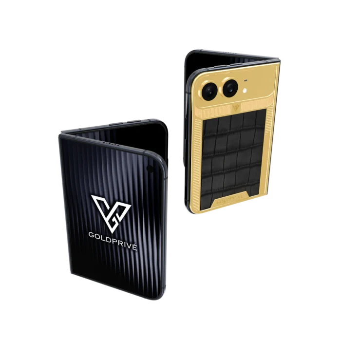 Exotic Noble gold iPhone Duo with a black crocodile-leather back panel framed in gold