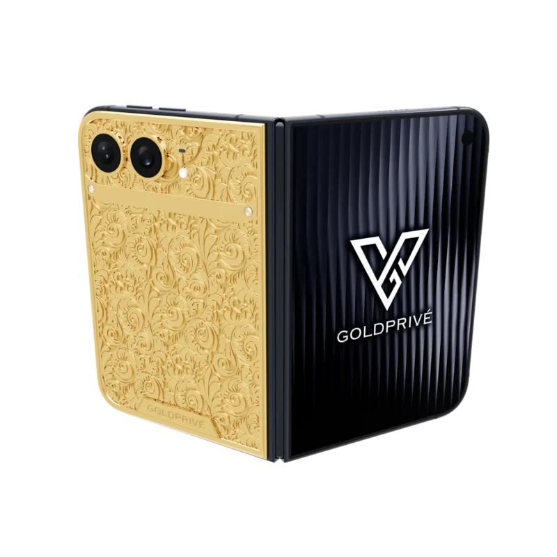 Flora Gold iPhone Duo opened flat with floral relief across the back plate
