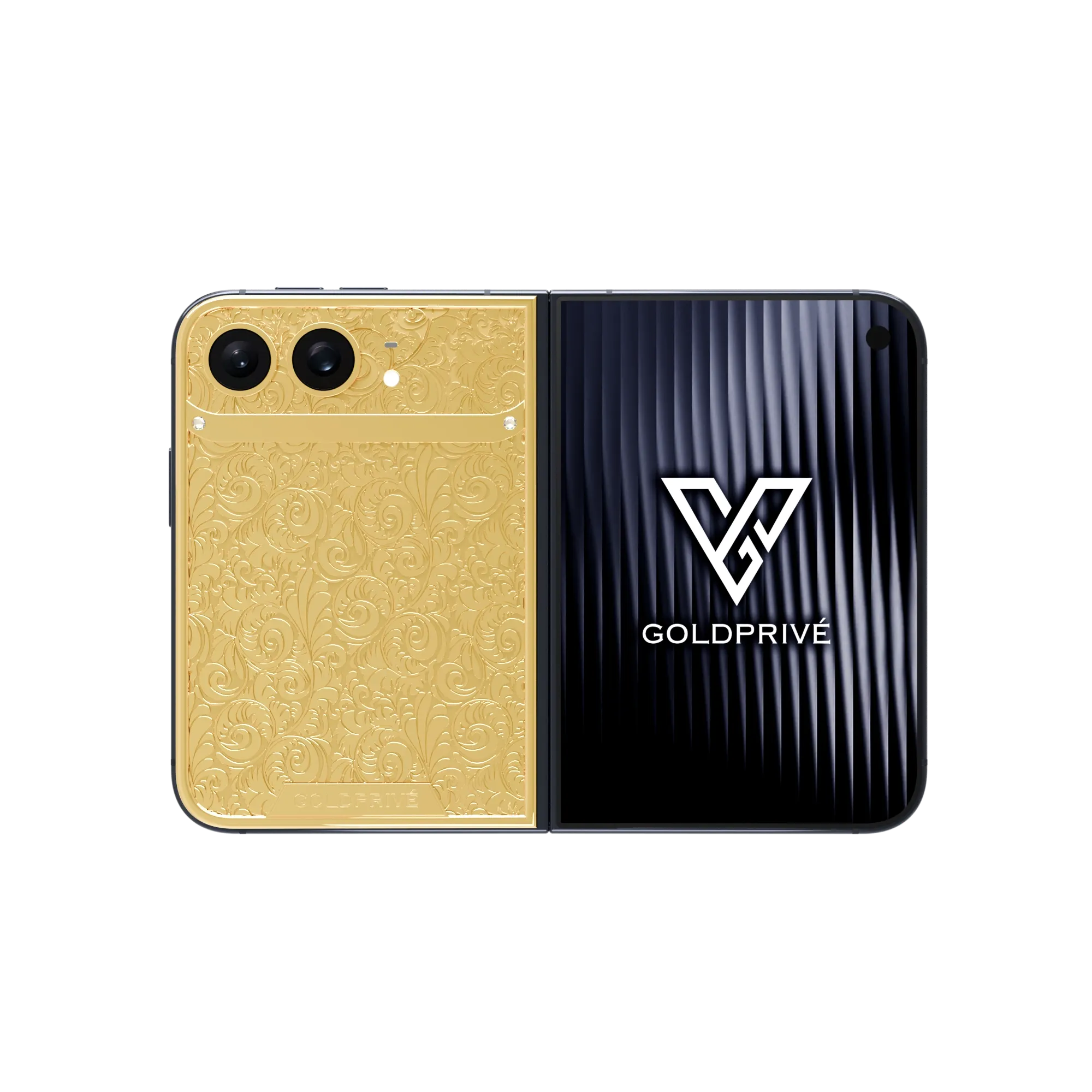 Flora Gold iPhone Duo opened flat showing baroque floral relief across the entire back plate