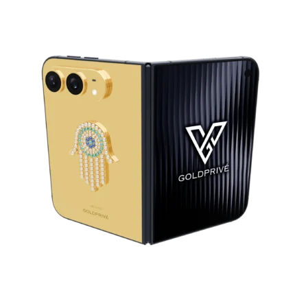 Hamsa Eye Amulet Gold iPhone Duo opened flat with a stone-set 18K gold hamsa on the back plate