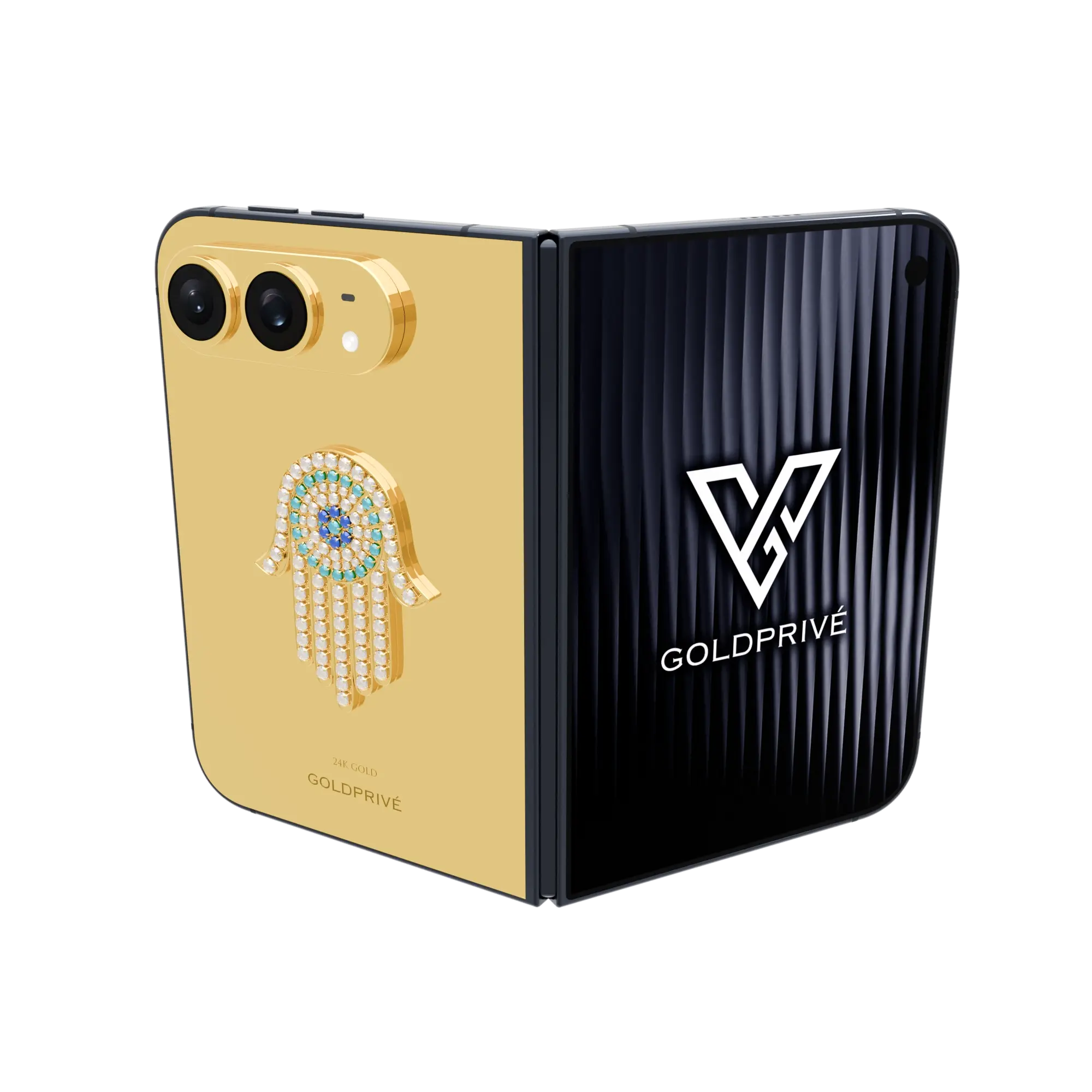 iPhone_Duo Hamsa Eye.01 Hamsa Eye Amulet Gold iPhone Duo with an 18K solid gold hamsa on the back plate