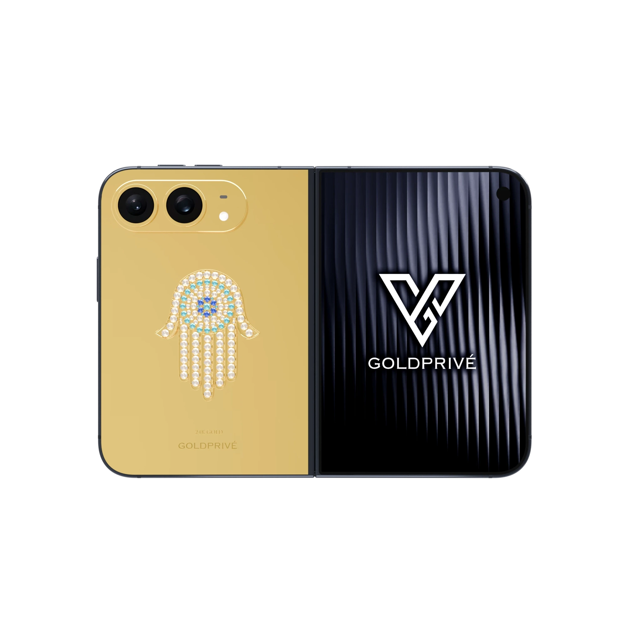 Hamsa Eye Amulet Gold iPhone Duo opened flat with a stone-set 18K gold hamsa on the back plate