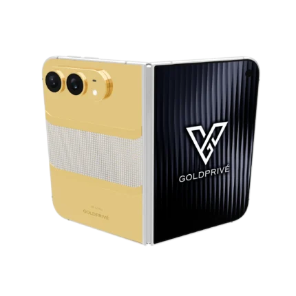 IconixBold Gold iPhone Duo opened flat with a wide band of pavé diamonds across the gold back plate