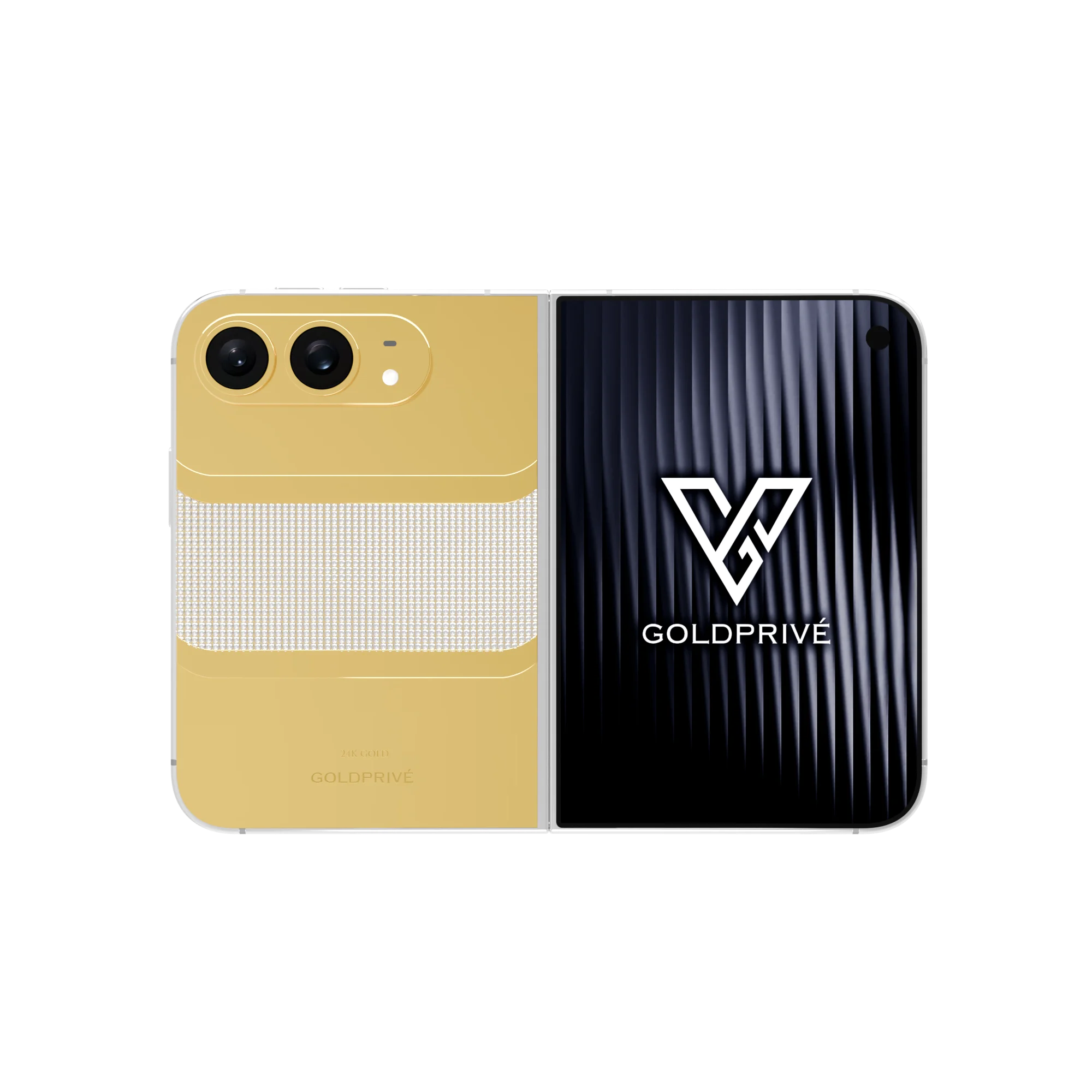 IconixBold Gold iPhone Duo opened flat with a wide band of pavé diamonds across the gold back plate