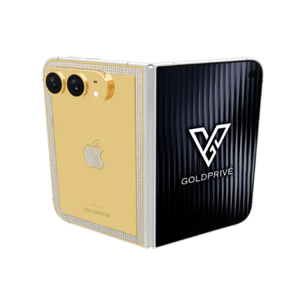 IconixEdge Gold iPhone Duo opened flat with diamonds around the back plate edge and a diamond Apple logo