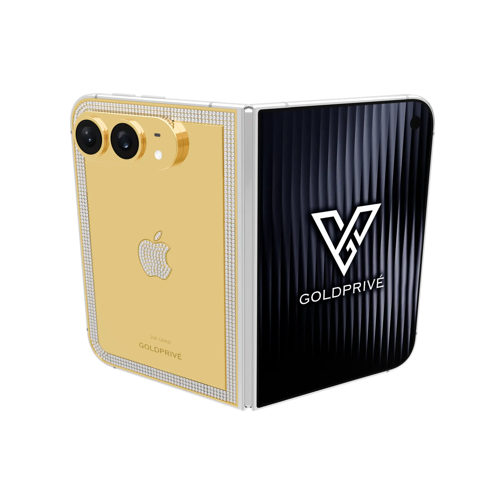 iPhone_Duo Iconix Edge.01 IconixEdge Gold iPhone Duo opened flat with diamonds around the back plate edge and a diamond Apple logo