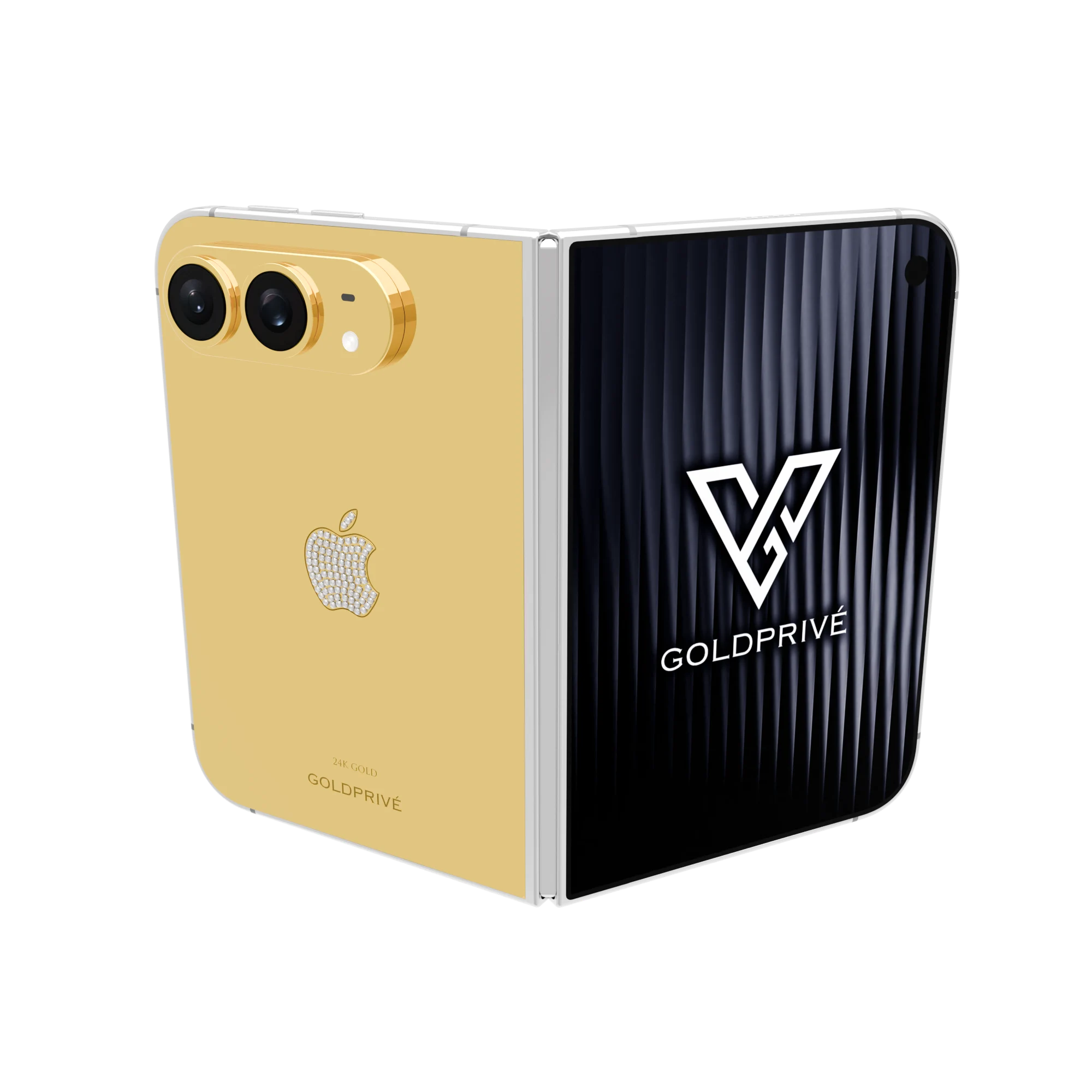 iPhone_Duo Iconix.01 (1) Iconix Gold iPhone Duo opened flat with a diamond-set Apple logo on a polished gold back plate