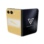 Imperial Gold iPhone Duo opened flat with a gold jaguar emblem on a silver-tone centre panel