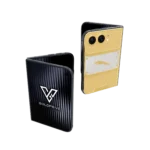 Imperial gold iPhone Duo with a white panel and engraved gold top on the back plate