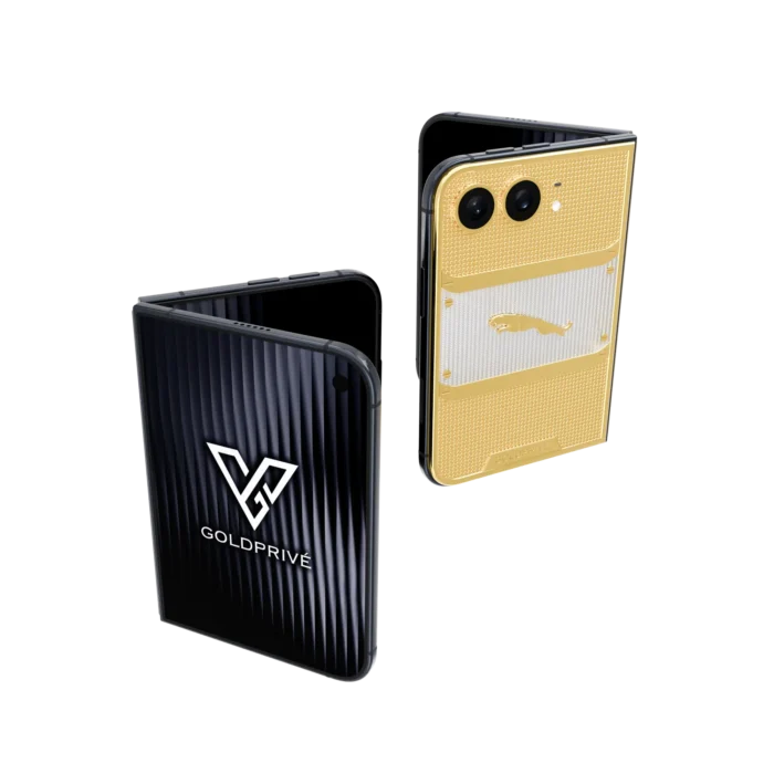Imperial gold iPhone Duo with a white panel and engraved gold top on the back plate