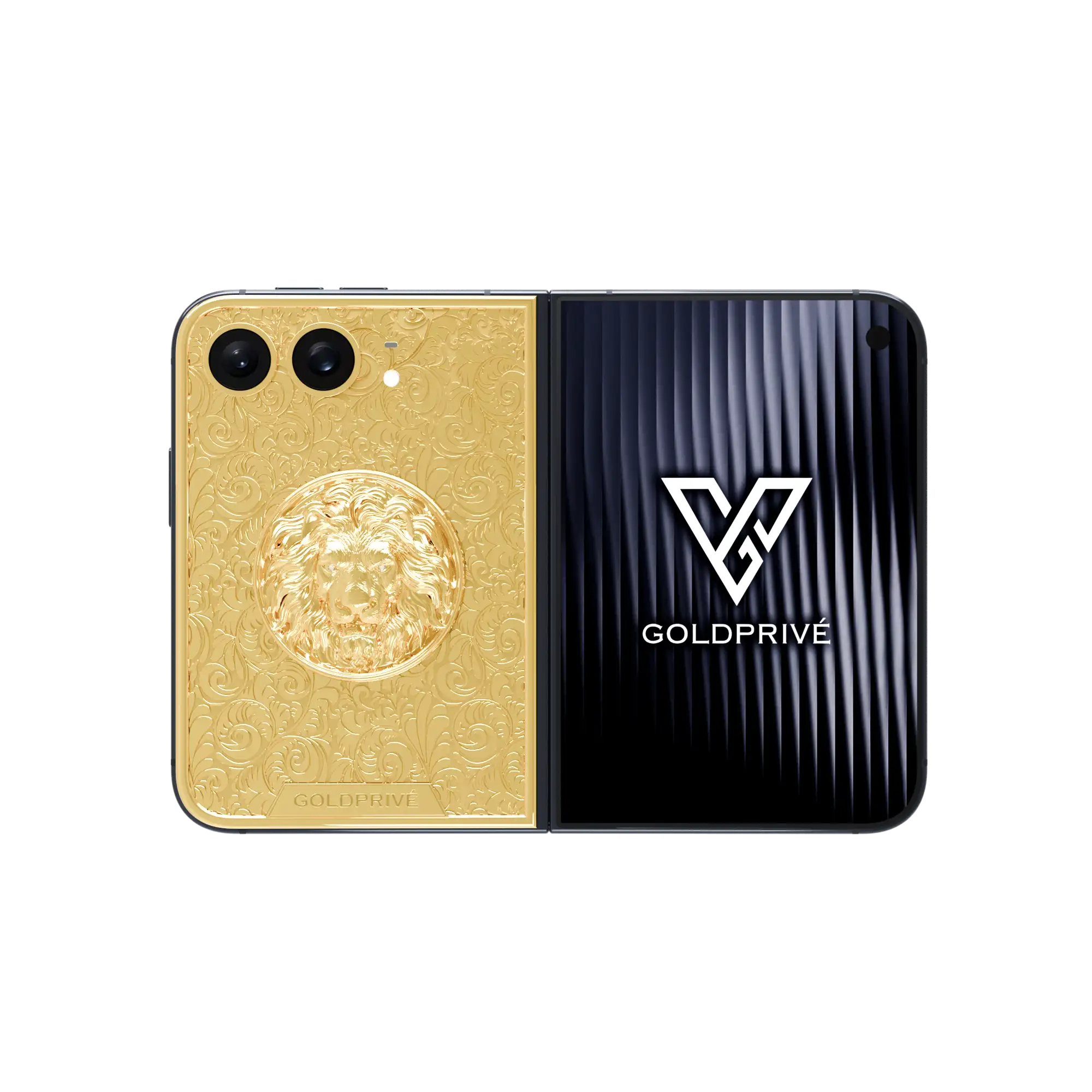 Le Lion Fleur Gold iPhone Duo with a raised lion head medallion surrounded by baroque scroll engraving