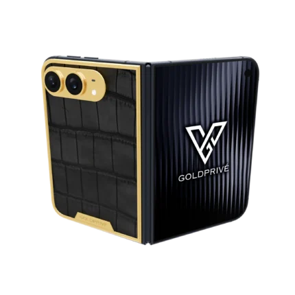 WildGrace Gold iPhone Duo opened flat with a black crocodile leather panel inside a gold-framed back plate