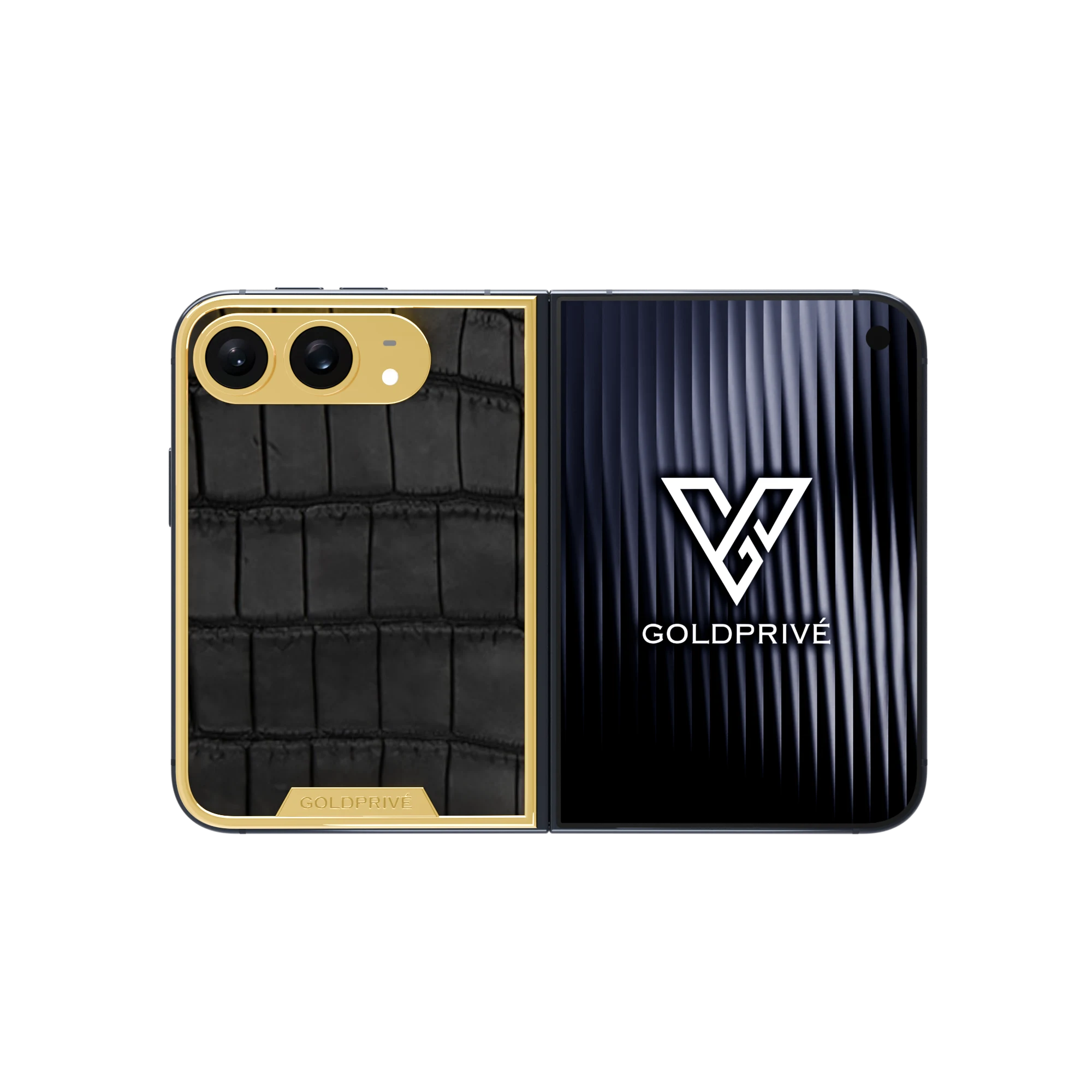 WildGrace Gold iPhone Duo opened flat with a black crocodile leather panel inside a gold-framed back plate