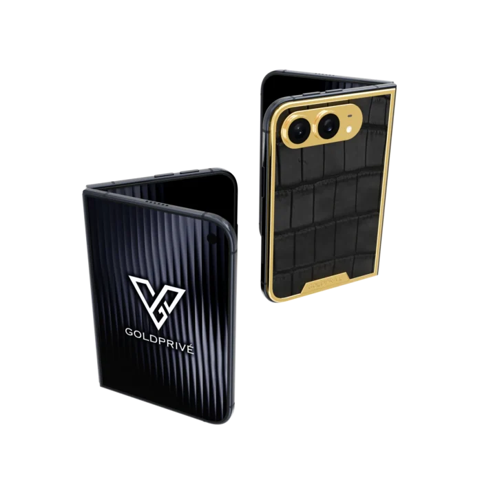WildGrace gold iPhone Duo with a black crocodile-leather back panel