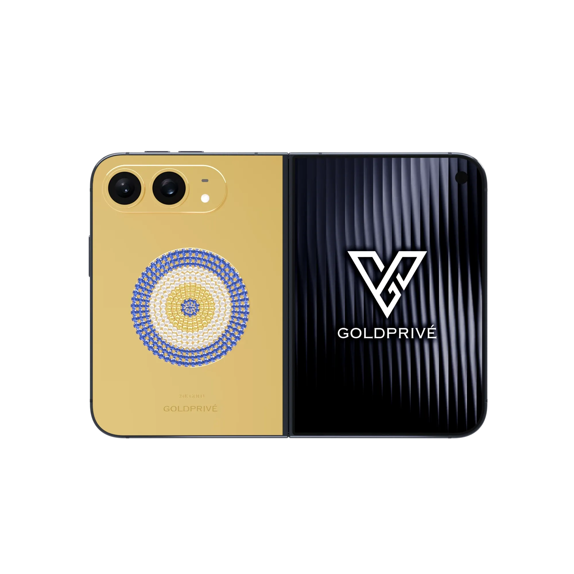 LuxEvil Charm Gold iPhone Duo opened flat with a round 18K gold nazar charm on the back plate
